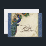 marine Blue Peacock Feathers Elegant RSVP<br><div class="desc">" Navy Blue Peacock Feathers Elegant RSVP." Dit ontwerp bestaat uit een statelijke pauw op een boomvertakking met drie vredesveren over een engel-etching, zwengels, antiek handschrift, met de hand geschilderd kant op perkament. De achtergrond heeft een mooi origineel kunstdamppatroon. De achtergrondkleur kan worden aangepast aan je bruiloft. Creëer door een...</div>