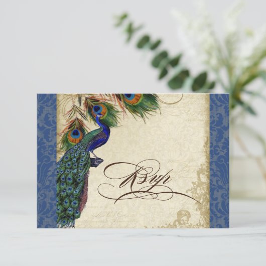  marine Blue Peacock Feathers Elegant RSVP Kaartje (Staand voorkant)