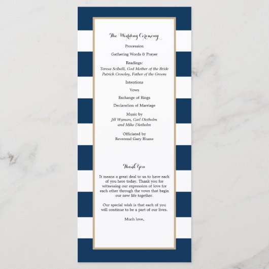 Marine Blue Stripes Cape Cod Kaart | ceremonieprog (Achterkant)