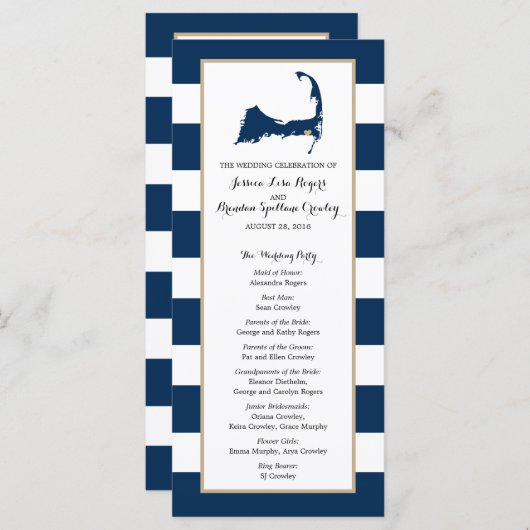 Marine Blue Stripes Cape Cod Kaart | ceremonieprog (Voorkant / Achterkant)