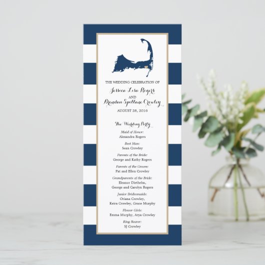 Marine Blue Stripes Cape Cod Kaart | ceremonieprog (Staand voorkant)