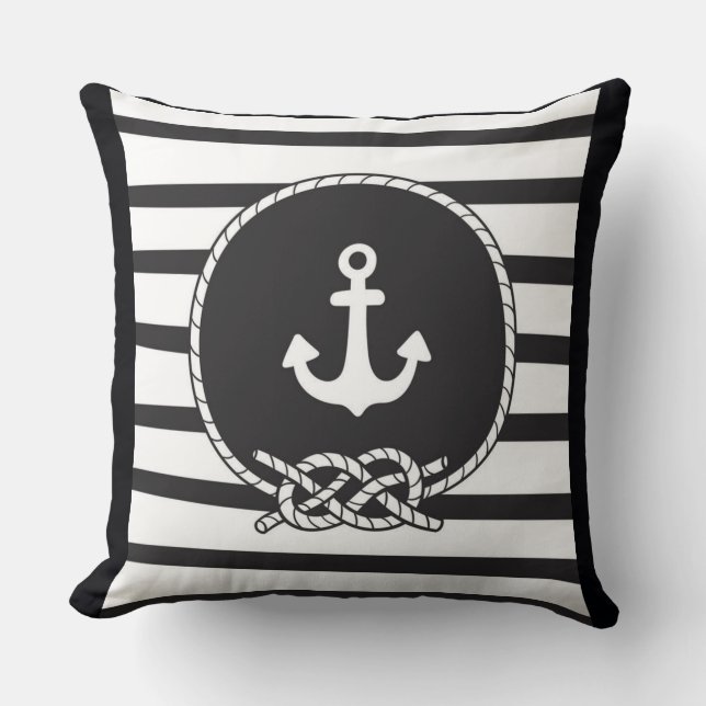 Marine Blue White Stripe Anchor en Figuur 8 Knot Kussen (Voorkant)