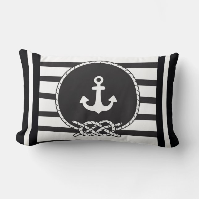 Marine Blue White Stripe Anchor en Figuur 8 Knot Kussen (Voorkant)
