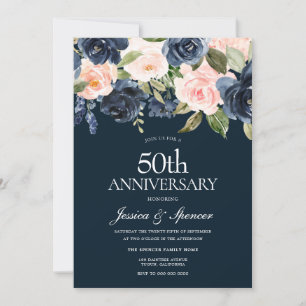 Marine & Blush Bloemen 50ste Huwelijksjubileum Kaart