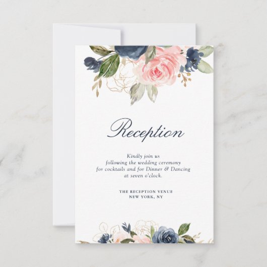 Marine & Blush bloemen bruiloft receptie kaart (Voorkant)