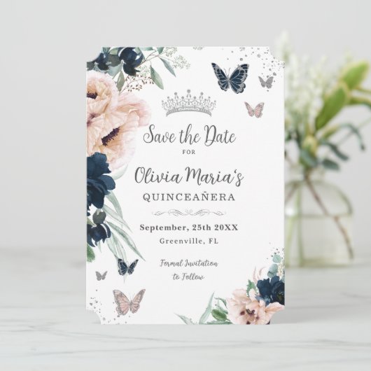 Marine Blush Bloemen Zilveren Vlinders Quinceañera Save The Date (Staand voorkant)