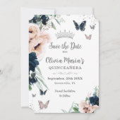 Marine Blush Bloemen Zilveren Vlinders Quinceañera Save The Date (Voorkant)