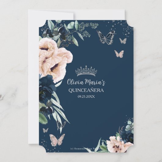 Marine Blush Bloemen Zilveren Vlinders Quinceañera Save The Date (Achterkant)