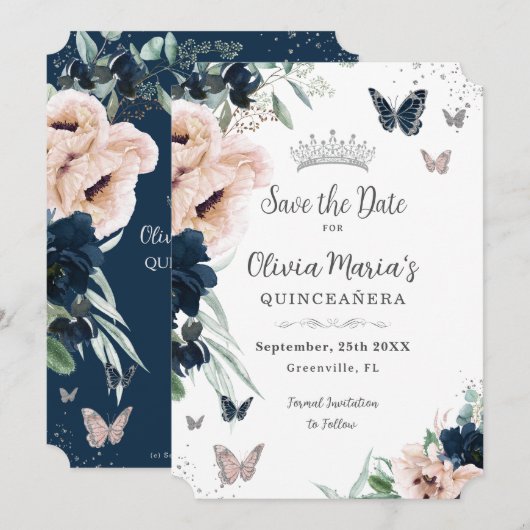 Marine Blush Bloemen Zilveren Vlinders Quinceañera Save The Date (Voorkant / Achterkant)