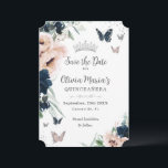Marine Blush Bloemen Zilveren Vlinders Quinceañera Save The Date<br><div class="desc">Personaliseer deze elegante Quinceañera / Sweet 16 verjaardag Sla de Date kaart gemakkelijk en snel op. Klik op de knop verder aanpassen om de teksten te bewerken, lettertypen en lettertypekleuren te wijzigen. Met prachtige waterverf marineblauw en blozend bloemen, vlinders en een zilveren prinsessenkroon. Overeenkomende objecten beschikbaar in de winkel. Ook...</div>