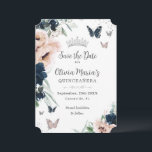Marine Blush Bloemen Zilveren Vlinders Quinceañera Save The Date<br><div class="desc">Personaliseer deze elegante Quinceañera / Sweet 16 verjaardag Sla de Date kaart gemakkelijk en snel op. Klik op de knop verder aanpassen om de teksten te bewerken, lettertypen en lettertypekleuren te wijzigen. Met prachtige waterverf marineblauw en blozend bloemen, vlinders en een zilveren prinsessenkroon. Overeenkomende objecten beschikbaar in de winkel. Ook...</div>