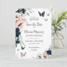 Marine Blush Bloemen Zilveren Vlinders Quinceañera Save The Date