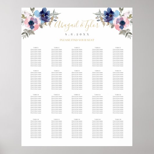 Marine & Blush Bloemige Ontvangst Zittijd Chart Poster (Voorkant)