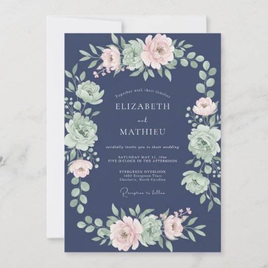 Marine Blush Botanische Romantische Bruiloft Kaart (Voorkant)