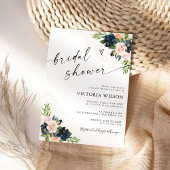 Marine & Blush Roze Bloemen Bruids Douche Uitnodig Kaart