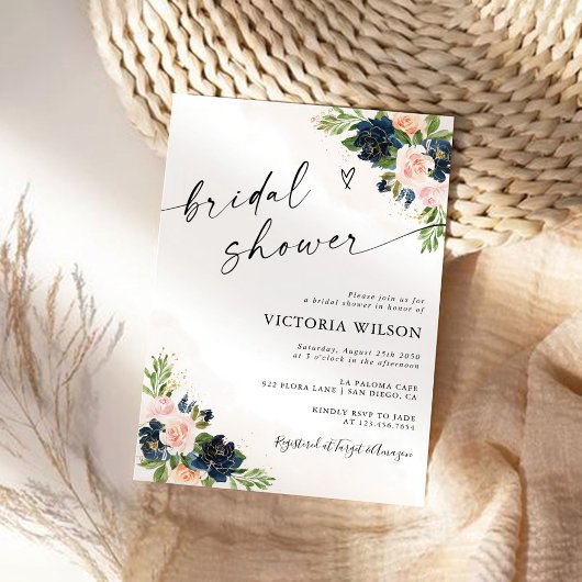 Marine & Blush Roze Bloemen Bruids Douche Uitnodig Kaart