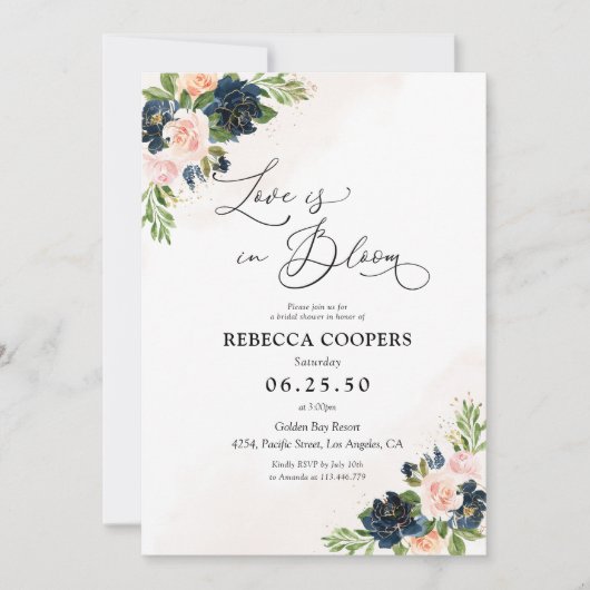 Marine & Blush Roze Bloemen Bruids Douche Uitnodig Kaart (Voorkant)