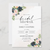 Marine & Blush Roze Bloemen Bruids Douche Uitnodig Kaart (Voorkant)