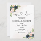 Marine & Blush Roze Bloemen Bruiloft Uitnodiging (Voorkant)