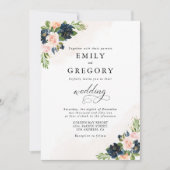 Marine & Blush Roze Bloemen Bruiloft Uitnodiging (Voorkant)