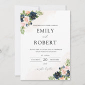 Marine & Blush Roze Bloemen Bruiloft Uitnodiging (Voorkant)