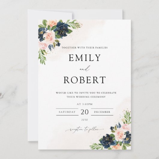 Marine & Blush Roze Bloemen Bruiloft Uitnodiging (Voorkant)
