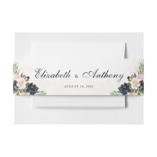 Marine & Blush Roze Bloemen Bruiloft Uitnodigingen Wikkel (Voorkant Voorbeeld)
