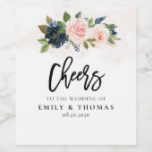 Marine & Blush Roze Bloemen Bruiloft Wijn Label Wijn Etiket (Enkel label)