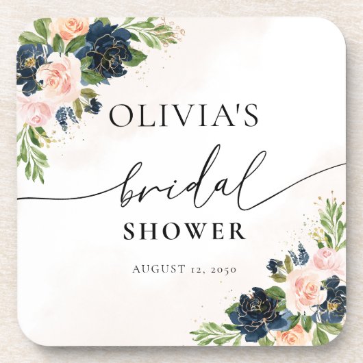 Marine & Blush Roze Bloemen Drank Coaster Bier Onderzetter (Voorkant)