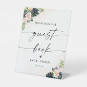 Marine & Blush Roze Bloemen Gastenboek teken Reclamebord Met Voetstuk (Voorkant)