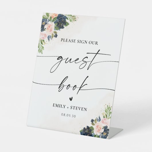 Marine & Blush Roze Bloemen Gastenboek teken Reclamebord Met Voetstuk (Voorkant)
