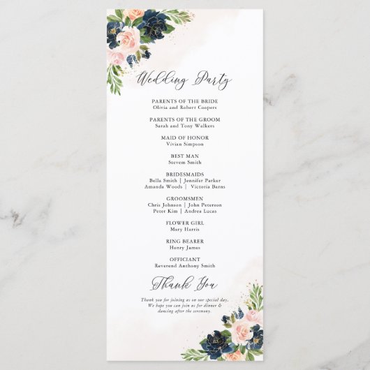 Marine & Blush Roze Bloemen Huwelijk Programma Programmakaart (Achterkant)