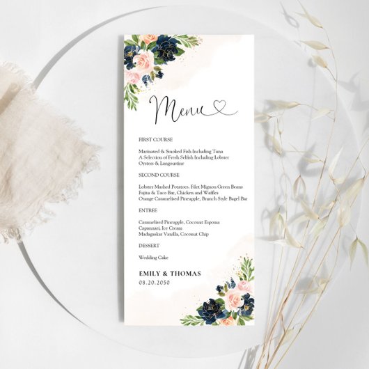 Marine & Blush Roze Bloemen Huwelijksceremonie Men Menu