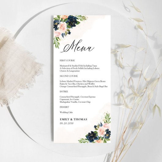 Marine & Blush Roze Bloemen Huwelijksceremonie Men Menu