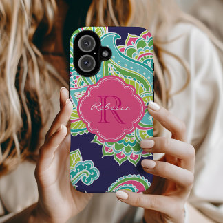 Marine Bohemian Paisley Custom Monogram iPhone 16 Hoesje