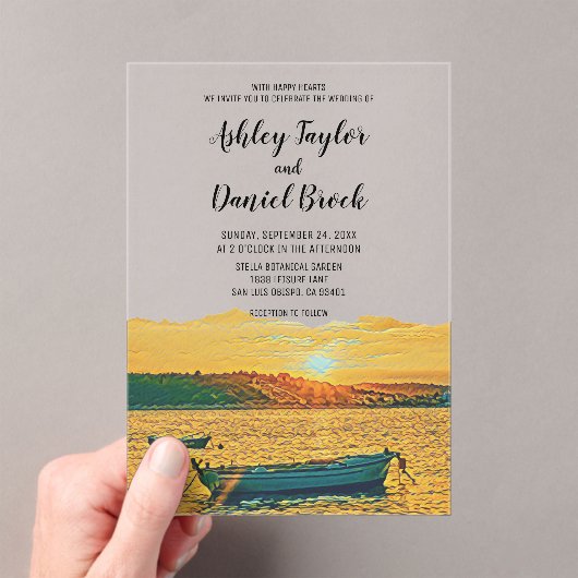 Marine Boot Romantische Sunset Beach Kustbruiloft Acryl Uitnodigingen (Insitu (Draagbaar))