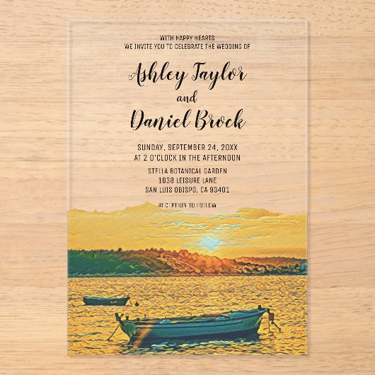 Marine Boot Romantische Sunset Beach Kustbruiloft Acryl Uitnodigingen (Voorkant)