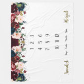 Marine, bordeauxrode bloemen Twins Milestone Fleece Deken (Voorkant)