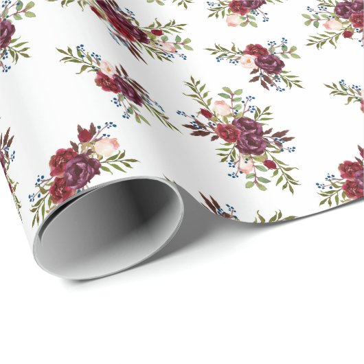 Marine + Bourgogne Bloemen Wrapping Papier (Rol Hoek)
