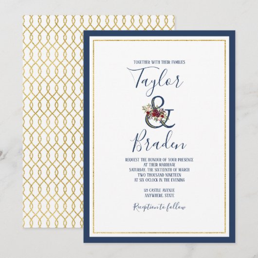 Marine + Bourgogne + Gouden Bloemen bruiloft uitno Kaart (Voorkant / Achterkant)