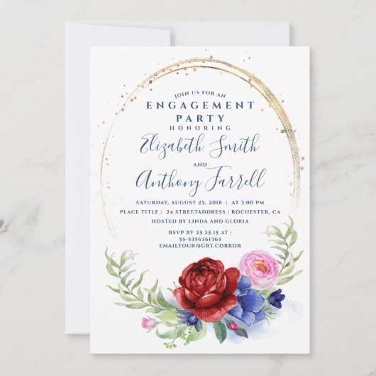 Marine Bourgondië Blush Bloemen Verlovingsfeest Kaart (Voorkant)