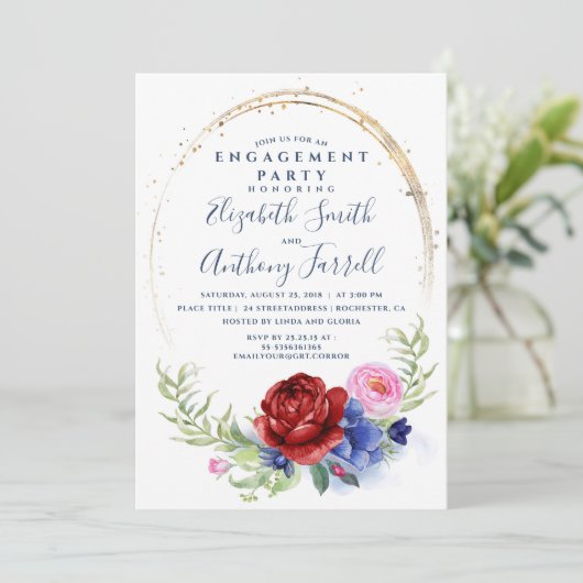 Marine Bourgondië Blush Bloemen Verlovingsfeest Kaart (Staand voorkant)