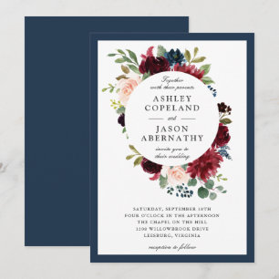 Marine, Bourgondië en Blush ingelijst Floral Weddi Kaart