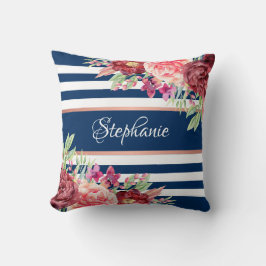 Marine Bourgondië Floral Stripes Naam Monogram Kussen