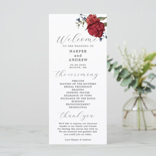 Marine Bourgondië Floral Wedding Ceremony Programm Programmakaart (Staand voorkant)