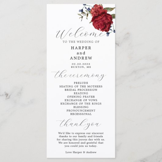 Marine Bourgondië Floral Wedding Ceremony Programm Programmakaart (Voorkant)