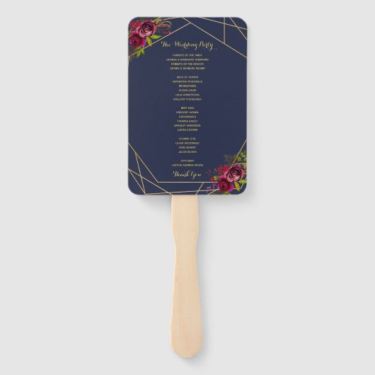 Marine Bourgondië Floral Wedding Program Fan Handwaaier (Achterkant)