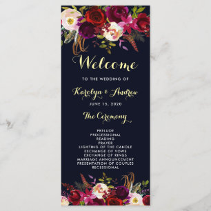 Marine Bourgondië Marsala Boho Floral Wedding Prog Programmakaart