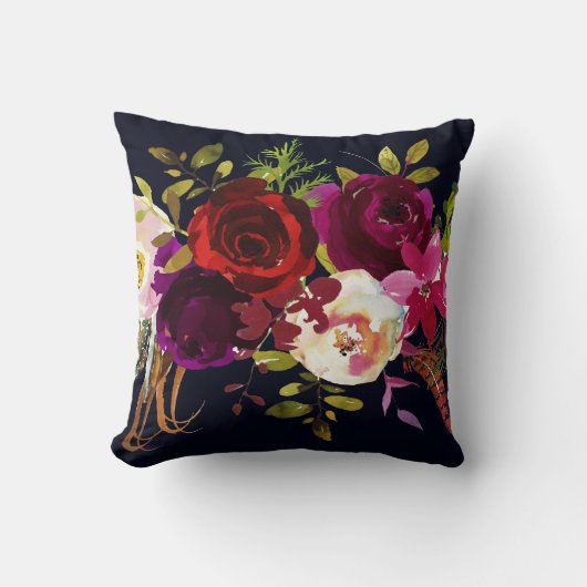 Marine Bourgondië Marsala Rustieke Bohemian Floral Kussen (Voorkant)