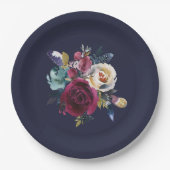 Marine Bourgondië Merlot Floral bruiloft diner Papieren Bordje (Voorkant)